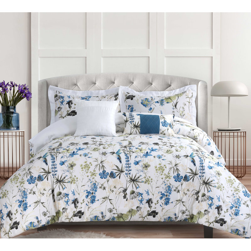 Amalfi Comforters Garden Ring Stitch Floral Comforter, Deep Blue, King