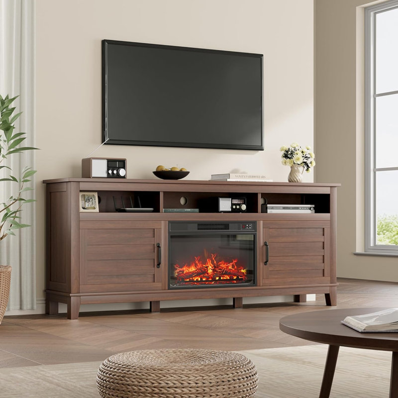 71" Farmhouse TV Stand with 23" Electric Fireplace, Adjustable Storage, Media Console for Living Room & Bedroom, Brown
