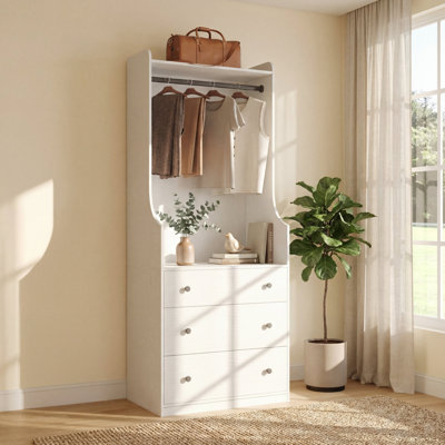 Contemporary Freestanding Wardrobe Armoire With Curved Side Panels, Hanging Rod & 3 Drawers