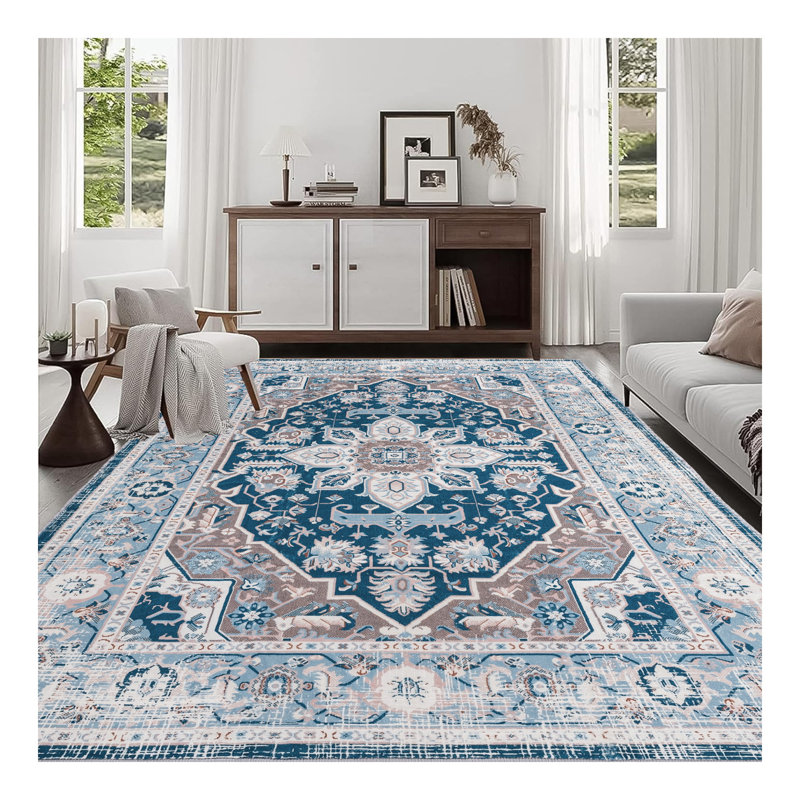 Area Rug Vintage Bohemia Large Persian Non-slip Washable Rug For Living Room Kitchen Bedroom Living Room Flower Design Blue