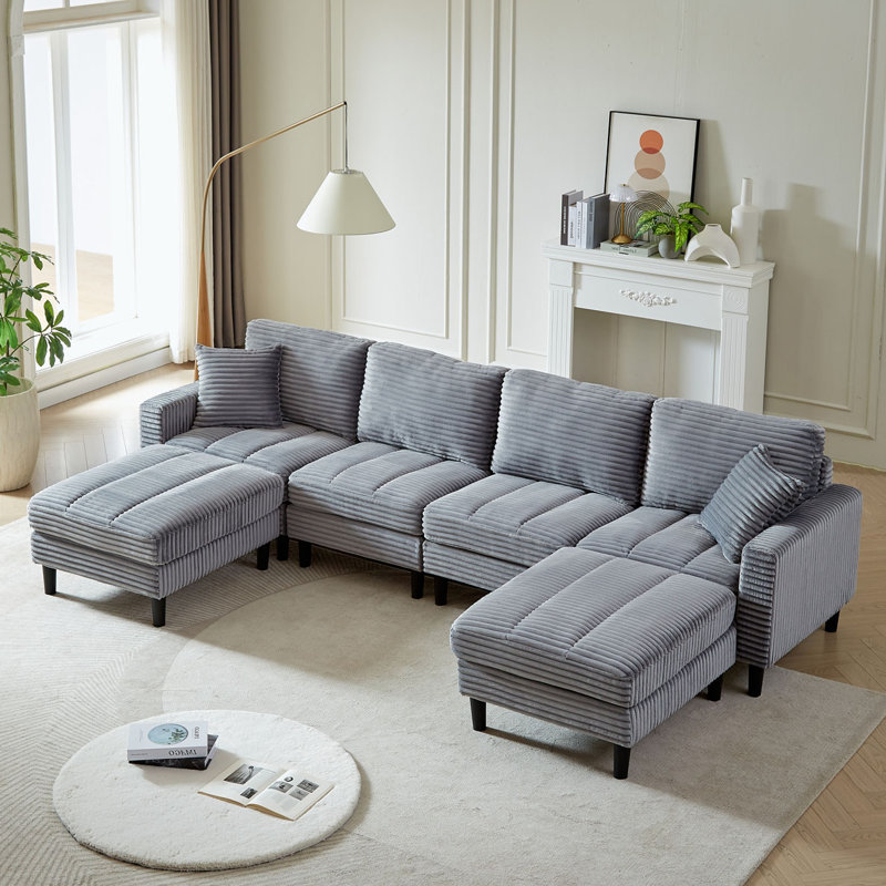 Canapé modulaire en U avec 2 coussins, Velours côtelé gris