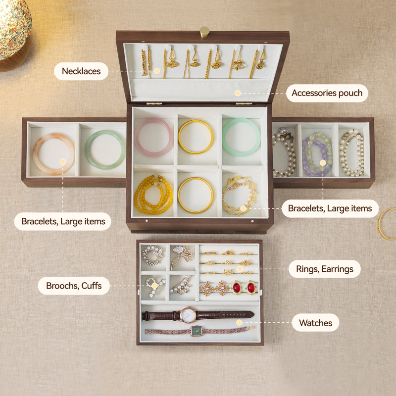 Black Walnut Wooden Jewelry Box, 3-Layer Flip-Top Rotating Organizer for Earrings, Necklaces, Rings, and Bracelets Storage.