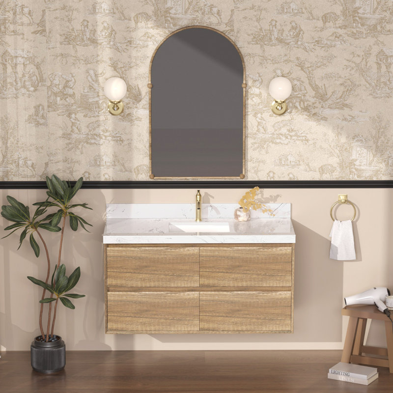 Ensemble de meuble-lavabo mural simple 48 po avec comptoir en pierre blanche de Carrare et lavabo carré en céramique