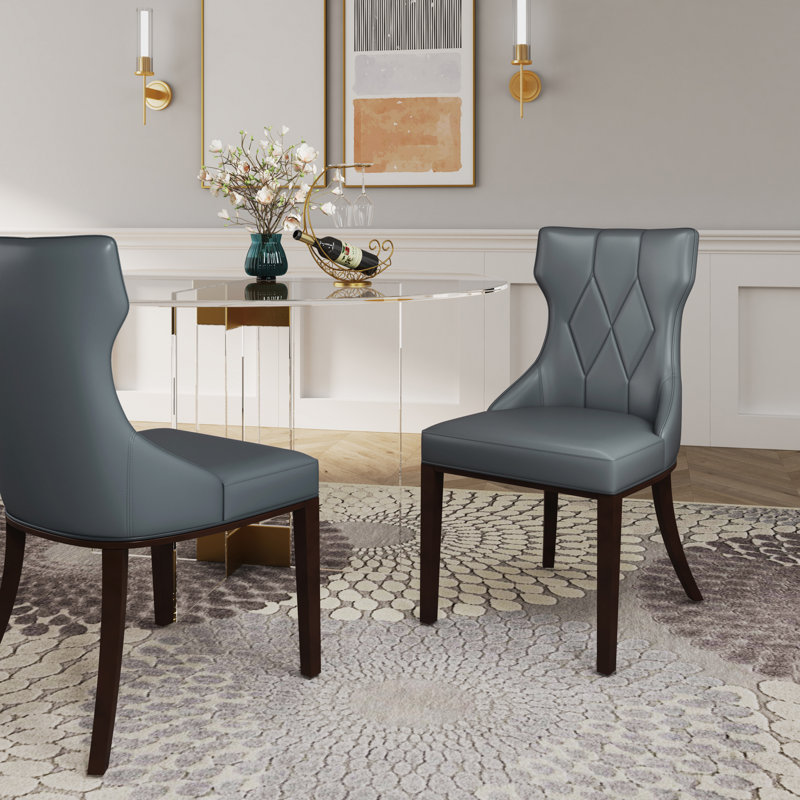 Reine Traditional Vegan Leather Upholstered Beech Wood Dining Side Chair in Pebble Gray