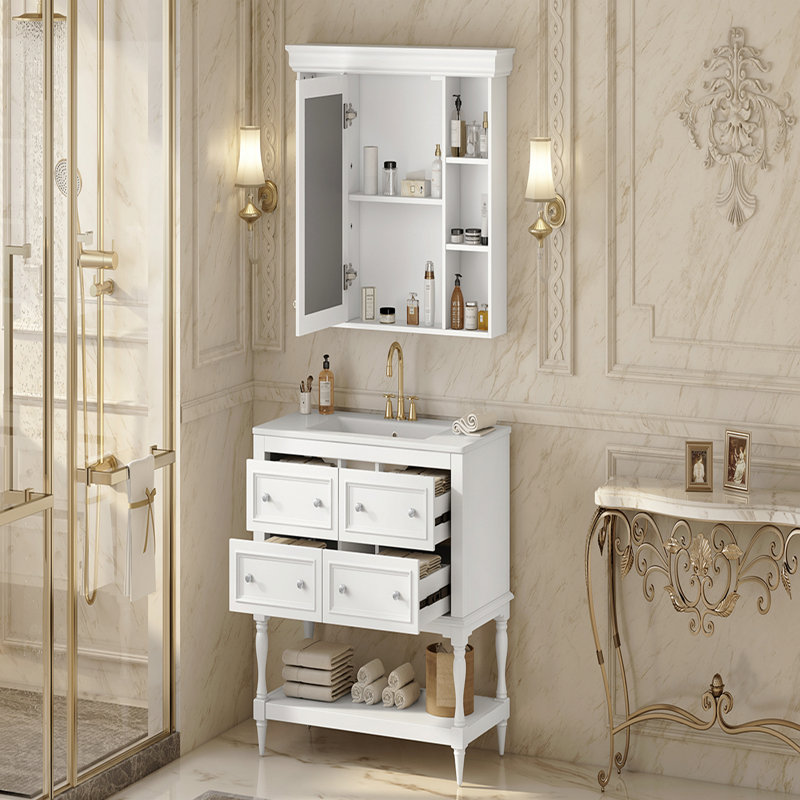 Meuble-lavabo de 36 po avec armoire à pharmacie, armoire à miroir moderne avec tablette réglable, armoire de rangement pour salle de bain à 4 tiroirs, armoire de rangement pour cadre de salle de bain en bois massif