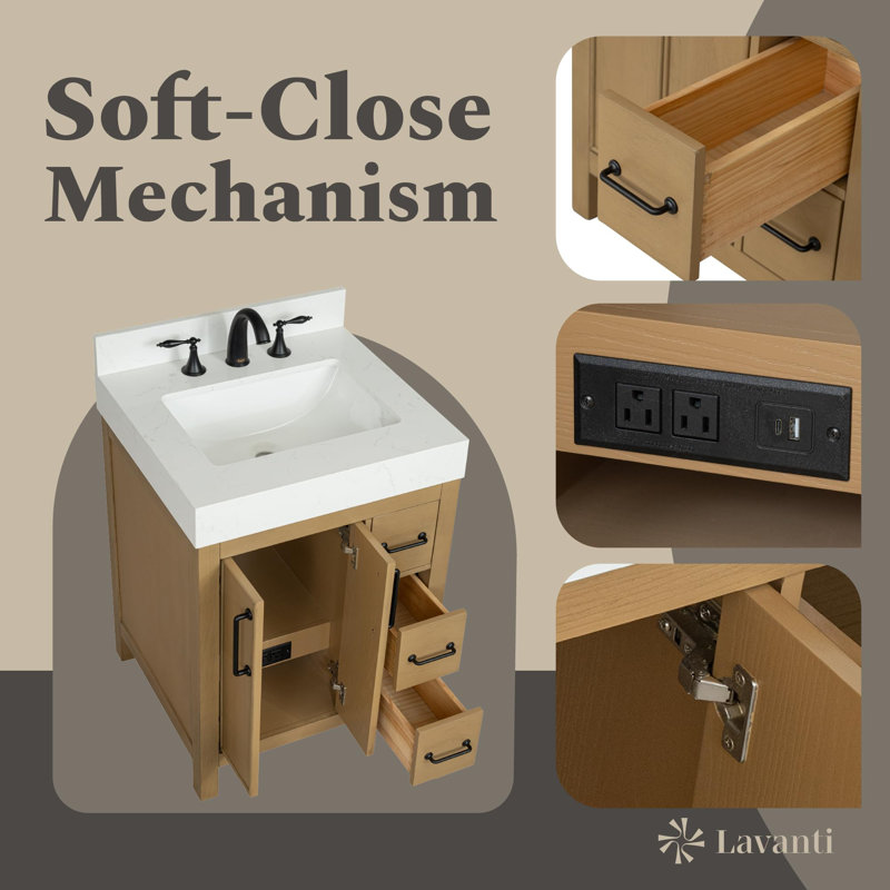Lavanti Valvet 24 Inch Bathroom Vanity with Sink – 100% Premium Solid Wood, Stylish Firwood Oak Vanity Bathroom with Storage Cabinet – Modern Bathroom Vanities with Single Vanity Sink & 4" Quartz Countertop
