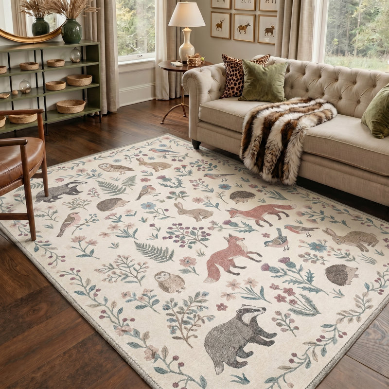  Allegro Rustic Woodland Creatures Machine Washable Oatmeal Beige Indoor Area Rug With Non-Slip Backing, Rectangle 6' x 9'