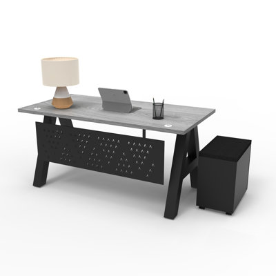 Serenity Modern A-Frame Executive Writing Office Desk, with Modesty and Cushion Top Mobile Storage, 48x24, Grey Oak Top
