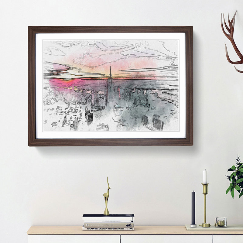 Sunset over New York City in Abstract - Picture Frame Graphic Art Print, 36cm H x 48cm W x 2cm D, Walnut Framed
