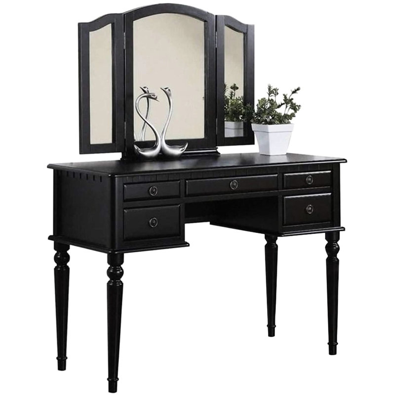 Meuble-lavabo de chambre à coucher de couleur noire avec tabouret et placage de bouleau - Style élégant en miroir classique pliable