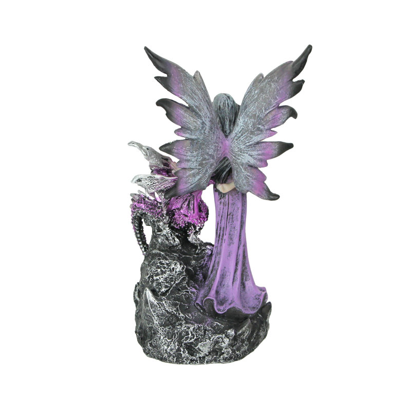 Dric amethyst purple resin fairy and dragon color-changing LED geode statue in black and silver — 8.5 inches high, 5.75 long, 4 wide