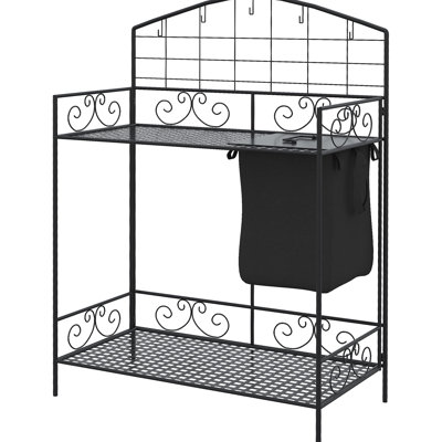 Foldable Metal Garden Workstation With Potting Ability, Large Bag Cover, 5 Hooks & Shelf, Ergonomic For Reduced Backache, Black Table Folding Design, Storage Hanging Tools Back And Knee-,