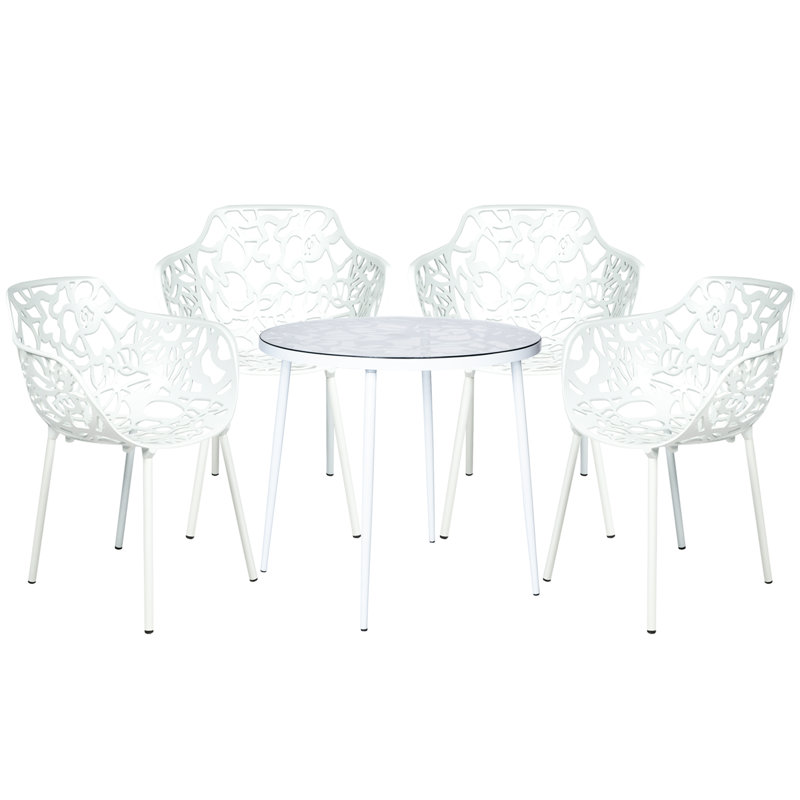 Sumler 5-Piece Aluminum Outdoor Patio Dining Set With Tempered Glass Top Table And 4 Stackable Flower Design Arm Chairs For Patio, Poolside, Balcony, And Backyard Garden