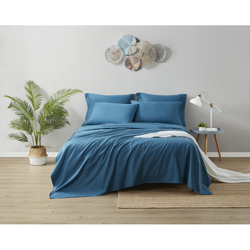 Ensemble de draps 100% satin de coton 600 fils 600 fils, Bleu minuit, Grand