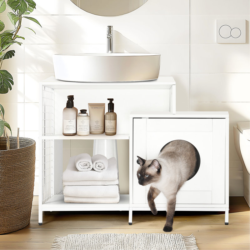 Litière cachée pour la salle de bain, grande maison de chat blanche avec rangement, solution sous l'évier, boîtier de salle de bain en panneau de particules P2, rangement pour chats, installation,