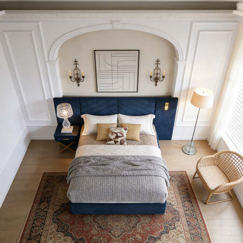 Structure de lit en velours pour grand lit /, Bleu, Grand lit