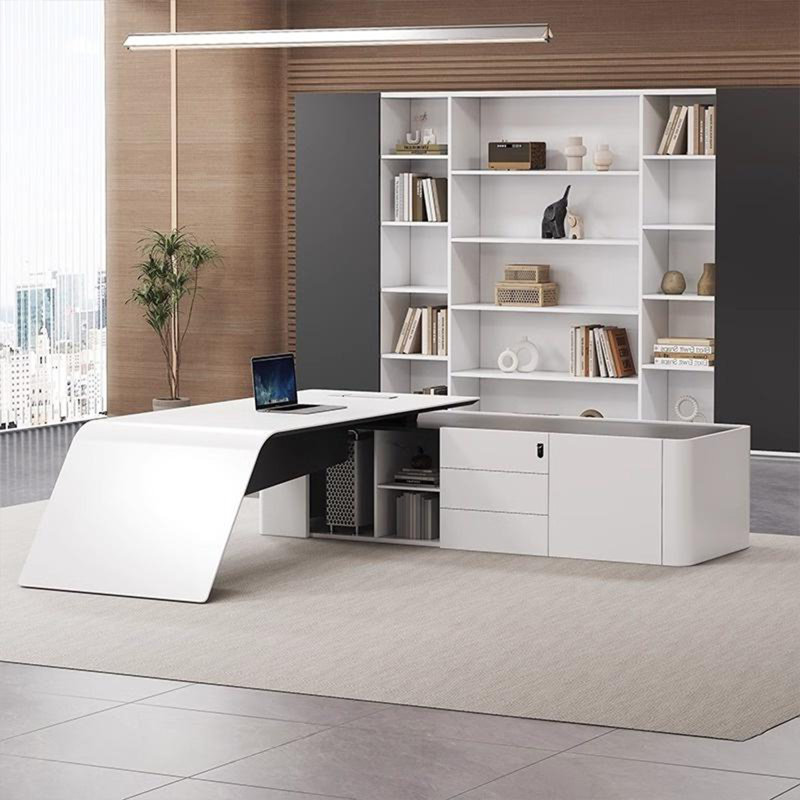 Bureau de direction 86,61 "haut de gamme en forme de L blanc créatif, H 27,56 po x l 86,61 po x P 70,87 po