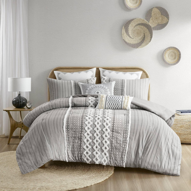 Ensemble d'édredon en coton 3 pièces, Gris, Édredon très grand et 2 taies décoratives stand