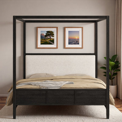Lit plateforme à baldaquin en bois avec tête de lit tapissier
