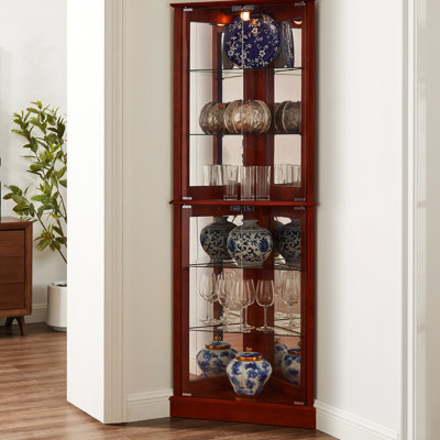 Vitrine en cerisier vitrine - rétro-éclairage en miroir, tablettes réglables, décor d'angle en verre trempé antique