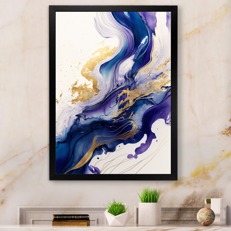«Blue and Gold Splash Paint IV - Abstract Spirals», art mural encadré, Impression noire sur toile encadrée
