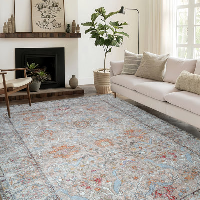 Washable Area Rug 9'X12', Ultra Soft With Non-Slip Backing & Durable Edge Binding, Vintage Large Carpets For Living Room, Bedroom, Dining Room