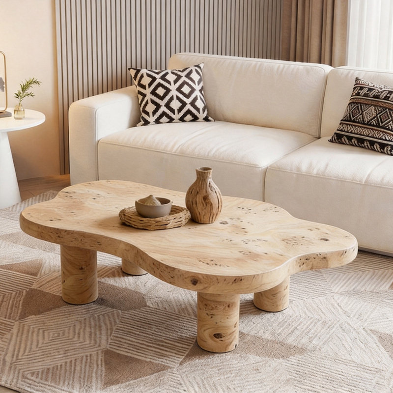 39.7" Cloud Shape Wooden Coffee Table With 4 Cylindrical Legs