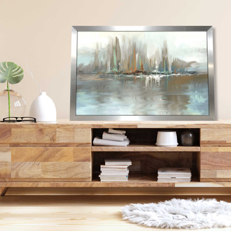 «Big City Lights» par Conrad Knutsen - Peinture, L 39,5 po x H 27,5 po, Encadrement argenté