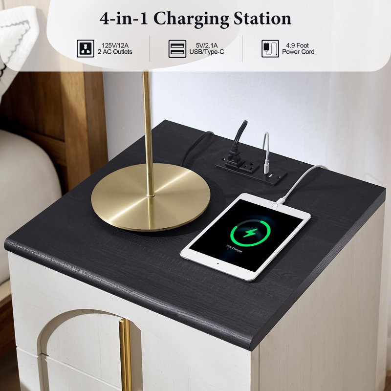 18'' W Modern Nightstand with Charging Station, Wood Square Bedside with 3 Large Drawers, White/Black