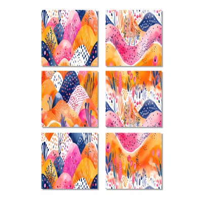 Pink Orange Abstract Boho Landscape - Boho Wall Art Living Room Set Of 6