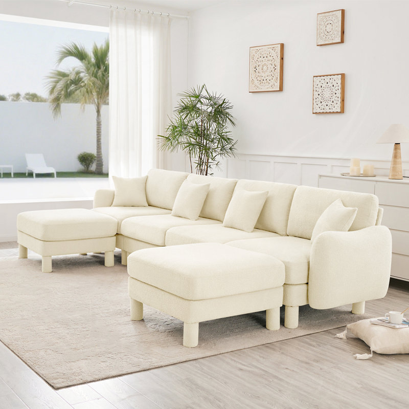Canapé 4 places avec 2 repose-pieds Boucle, H 35 po x l 141 po x P 67,3 po, Beige