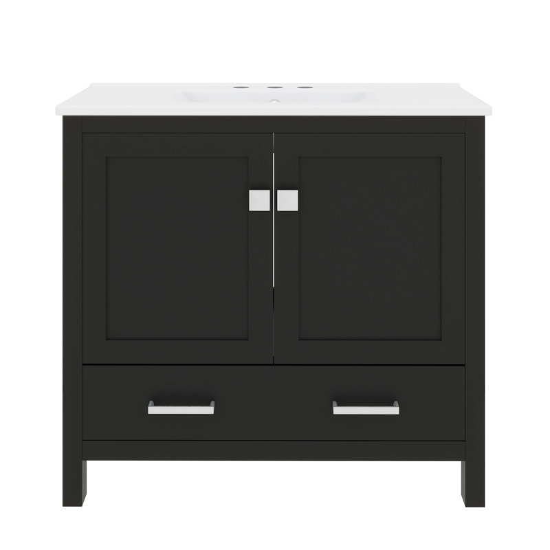 Meuble-lavabo de 36 po avec lavabo, meuble-lavabo simple moderne avec tiroir divisé, portes et étagères de rangement à fermeture en douceur, armoire de salle de bain autoportante en bois massif