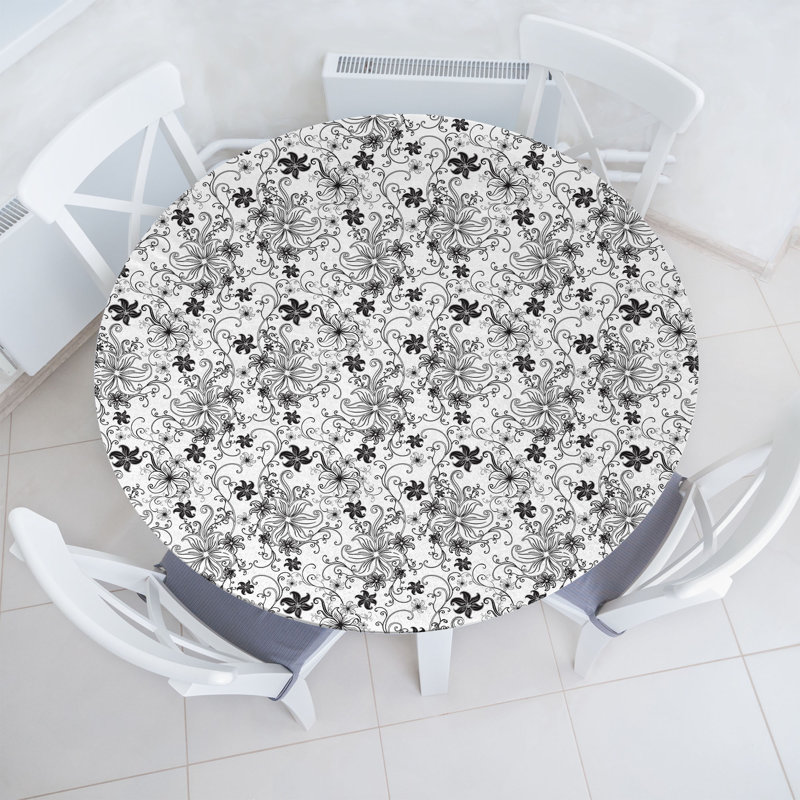 Ebern Designs Floral Fitted Round Tablecloth Black and White
