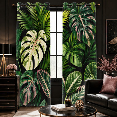 2Pcs Tropical Leaf Print Sun Blocking Curtains, Lush Greenery Abstract Style, Modern Botanical Pattern Ring Top, Living Room Bedroom Home Decor for Home Dector