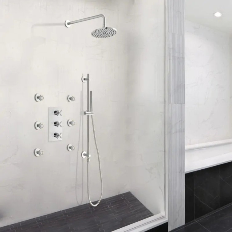 Matte Black Shower Panel with Waterfall and Rain Functions, Massage Jets, and Spray Wand