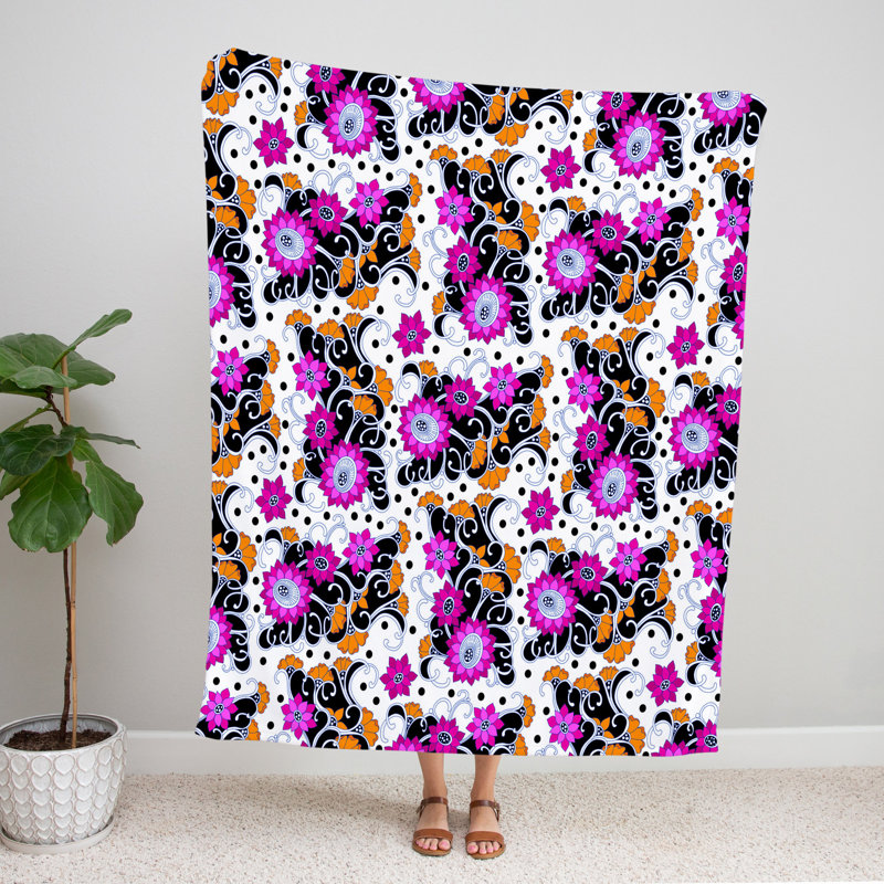 Jeté , Rose / orange / noir / blanc, Floral, L 60 po x L 80 po