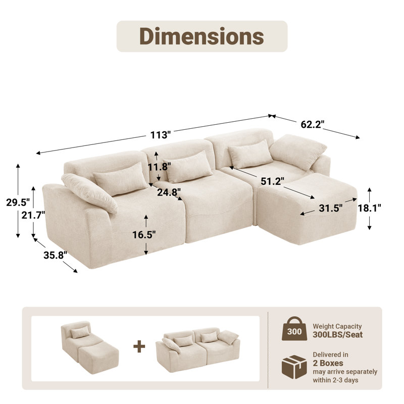  Segal 4 Piece 114" Oversized Modular L Shape Soft Chenille Cloud Upholstered Compression sofa No Assembly Required