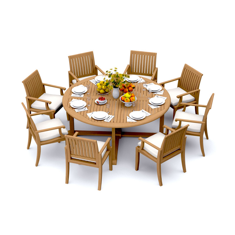 Lagos Teak Wood Patio Dining Set with Round Table, 8