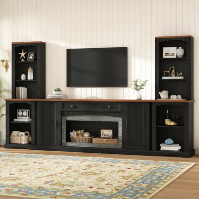 Ensemble de meuble télé 3 pièces avec armoires latérales incurvées pour téléviseur de 70 po ou moins, centre de divertissement de ferme avec étagères, buffet avec tiroir, tablette réglable