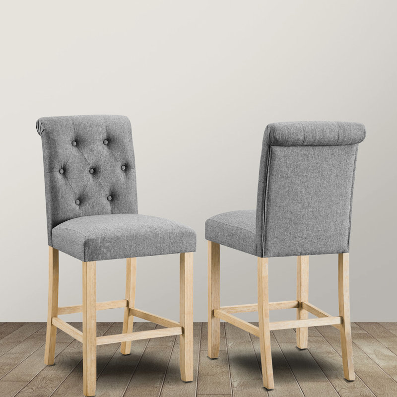 2 tabourets gris à hauteur de comptoir, 2 dossiers, siège rembourré, structure en bois, 2 tabourets à dossier capitonné exceptionnellement solides