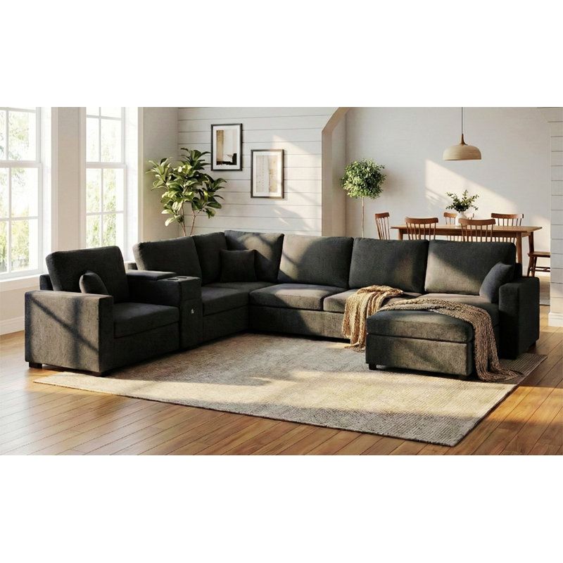 Canapé modulaire en forme de U 5 places avec porte-gobelets intégré, tiroir de rangement, coussins, Noir
