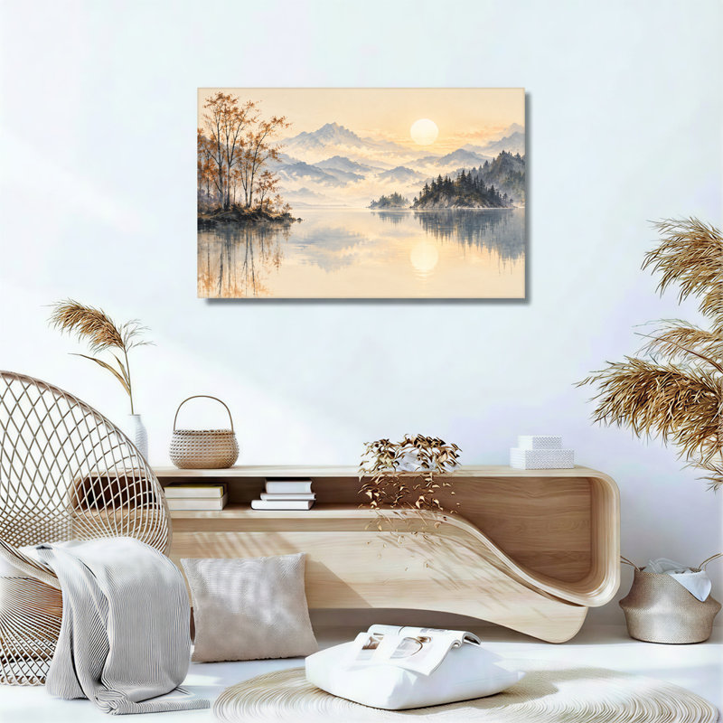 Art sur toile Misty Mountain Lake avec arbres d'automne et soleil doré, H 24 po x l 36 po