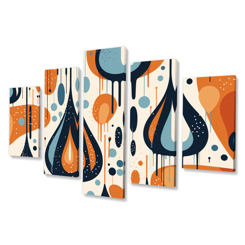 Impression sur toile de formes abstraites orange et bleu Midcentury Balance I - 5 panneaux