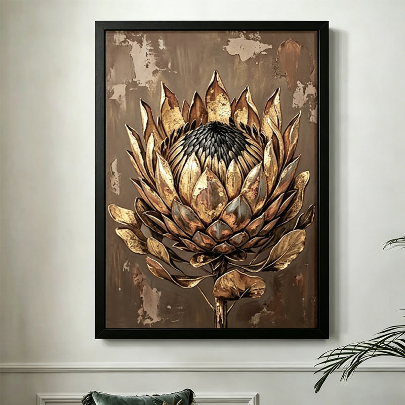 Moderne fleur dorée abstraite moderne aux détails complexes, style artistique texturé et vieilli. Toile encadrée 24 "x 36" avec cadre en bois noir