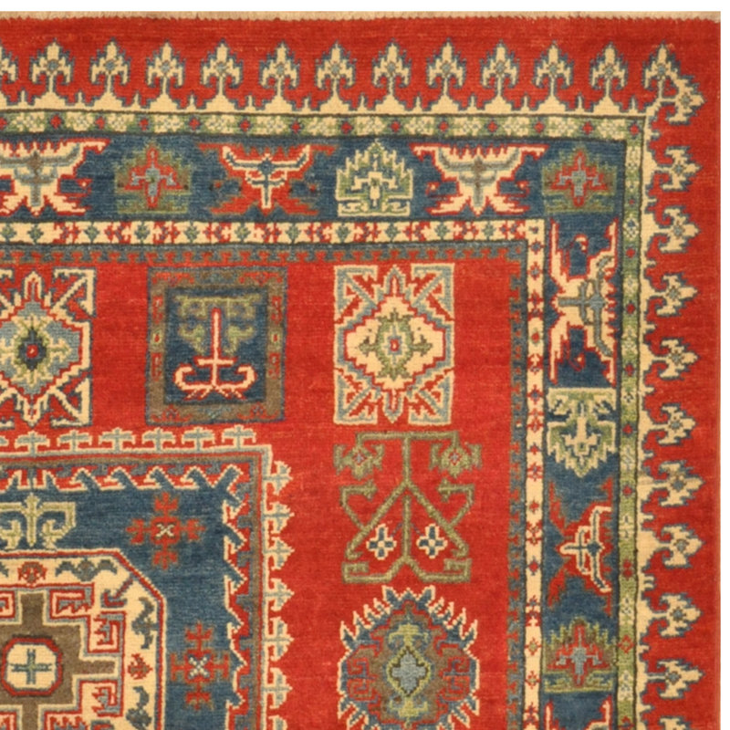 Tapis unique en laine noué à la main Kazak de 5 pi x 7 pi rouge Luey
