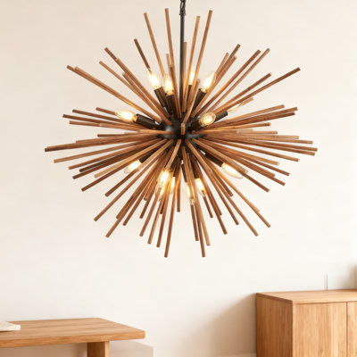Farmhouse Sputnik Chandelier 16-Light Rustic Wood Ceiling Pendant Light Fixture With Adjustable Chain For Dining Room Kitchen Bedroom Foyer