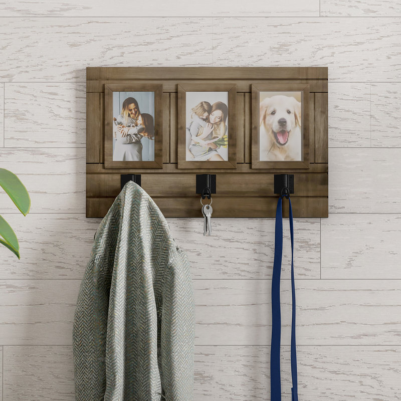Delyth Wall Picture Collage with 3 Hanging Hooks- Wall Mounted Photo Frame Décor with Rustic Wood Look, Holds 4x6 Pictures