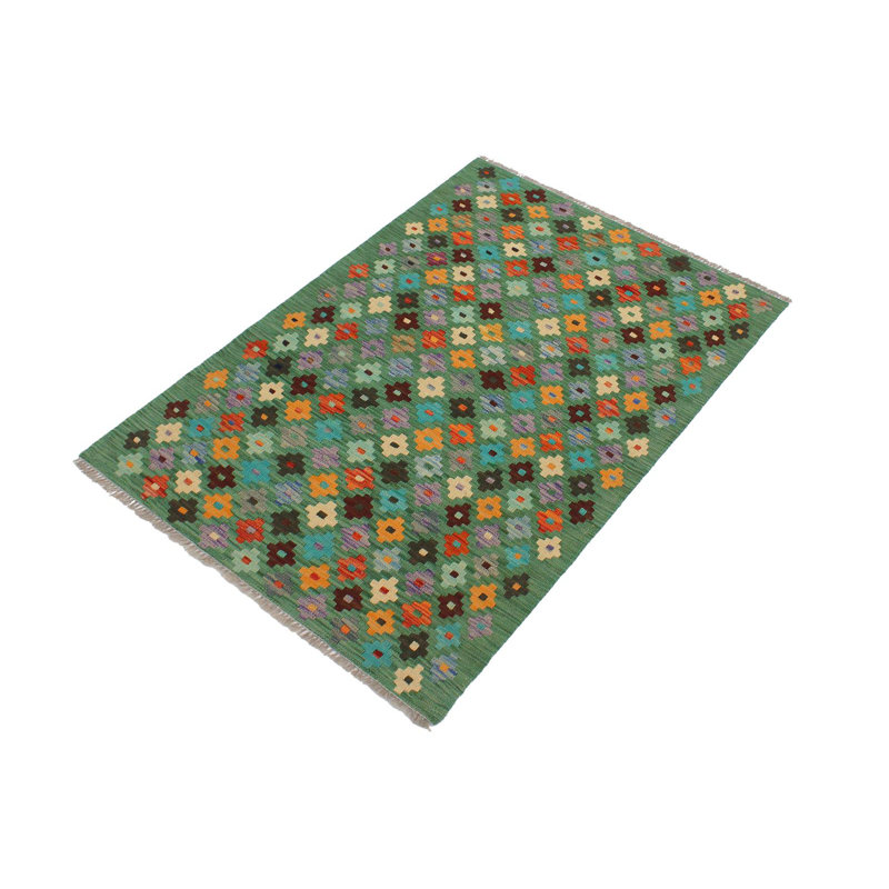 Tapis géométrique vert / bleu en laine noué à la main 2 pi 7 po x 4 pi 2 po Cedorah