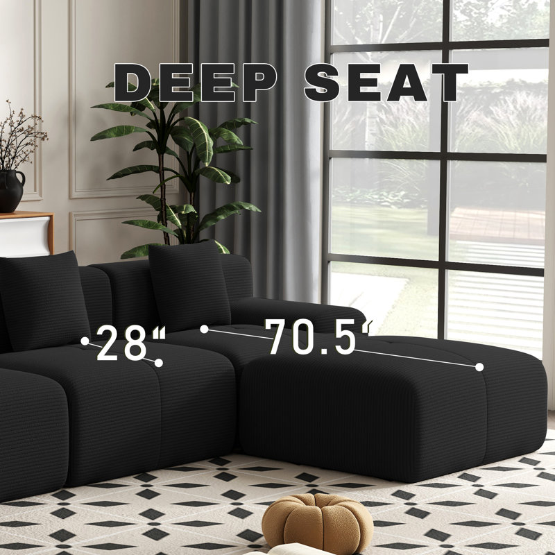 Boneless 120''W Mordern Design L Shpaed Corduroy Sectional Sleeper Compression Sofa With Ottoman, Black