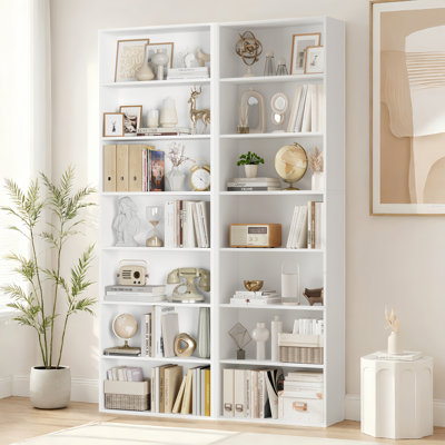 2-Pieces 82.5"H Wood Double 7-Tier Standard Bookcases, Home Library Bookcase Set